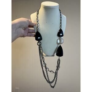 VTG Gunmetal Black & Clear Bezel Acrylic Bead Drop Chain Scoop Necklace 30”